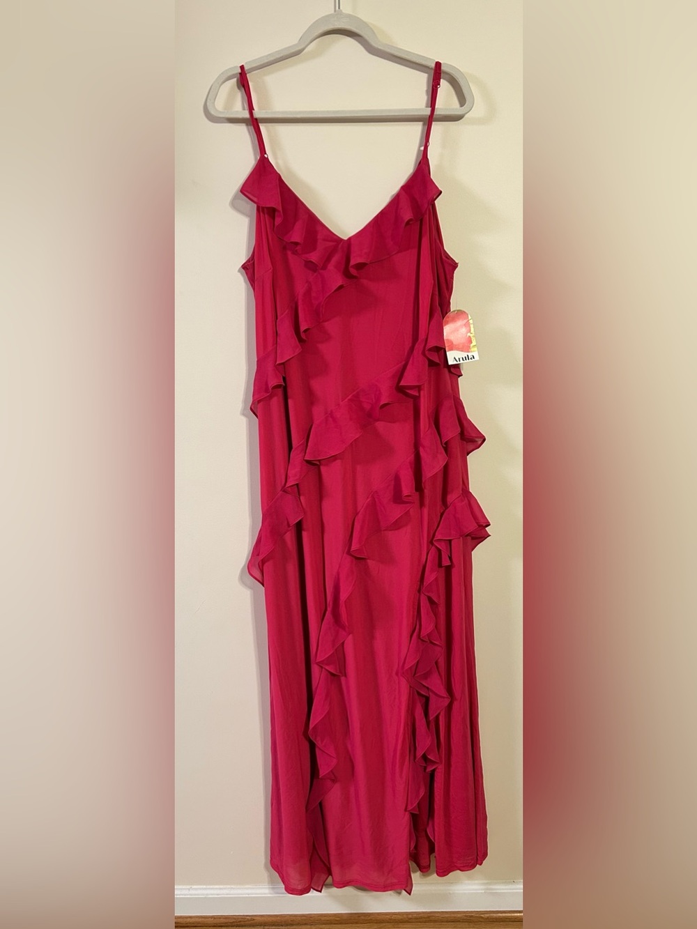 ARULA Ruffled Sleeveless Mesh Maxi Dress — Fuchsia